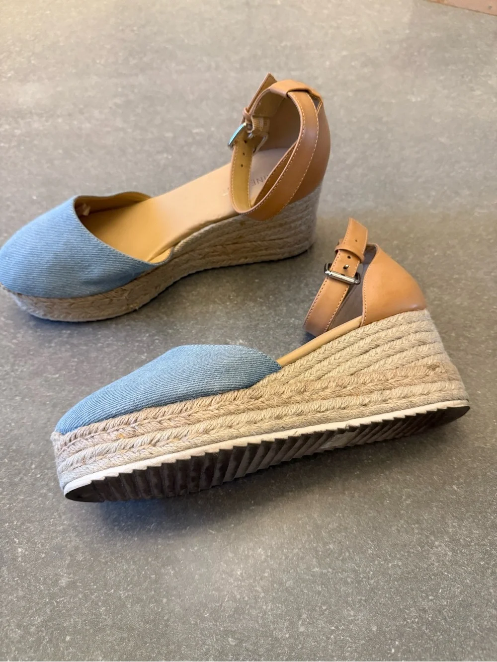 Nine West Light Blue and Tan Espadrille Wedge Sandals